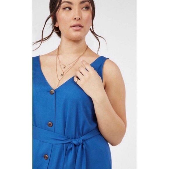 NEW JustFab Plus Size Button Front Maxi Dress Blue Coastal Boho Cottage Chic - Picture 6 of 11